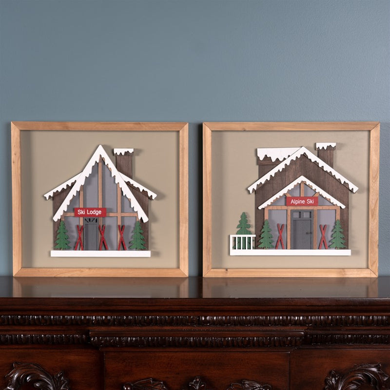 Melrose International Framed Ski Lodge Wall Art, Set of 4, Brown/White