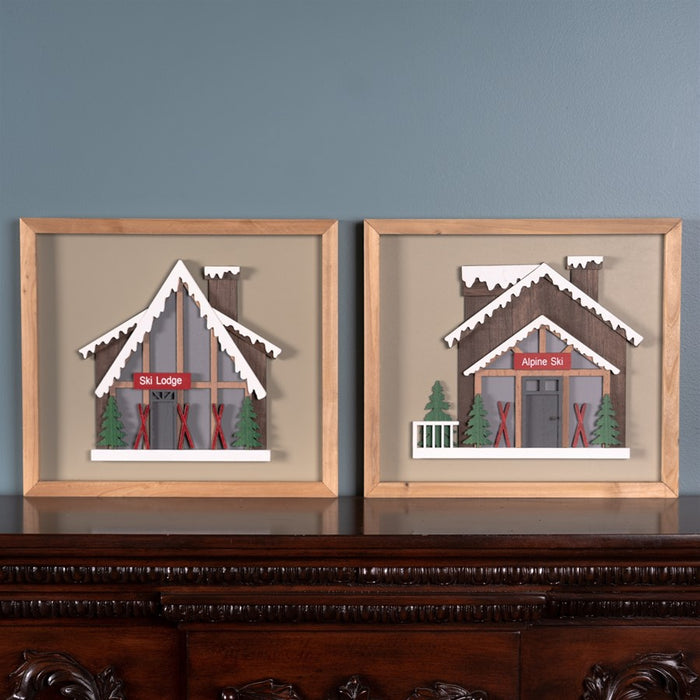 Melrose International Framed Ski Lodge Wall Art, Set of 4, Brown/White