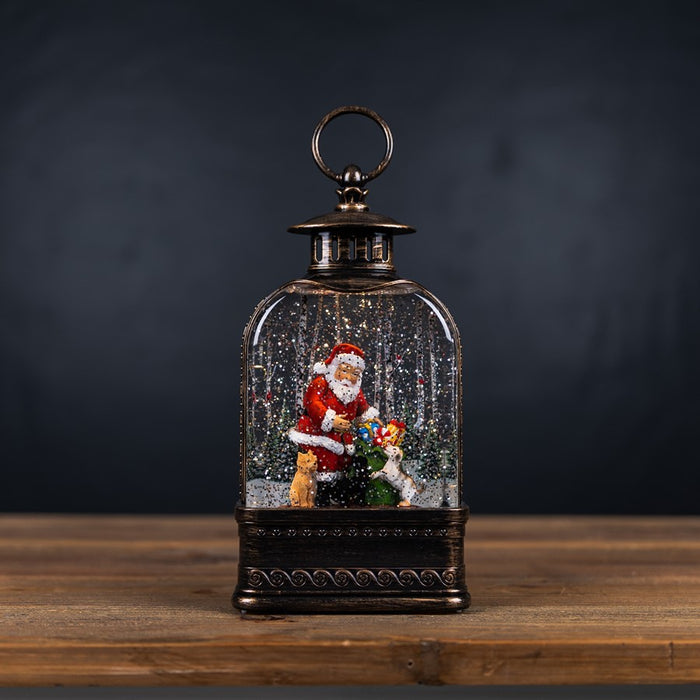 Melrose International LED Snow Globe Lantern/Santa/Dog 11.25"H, Bronze