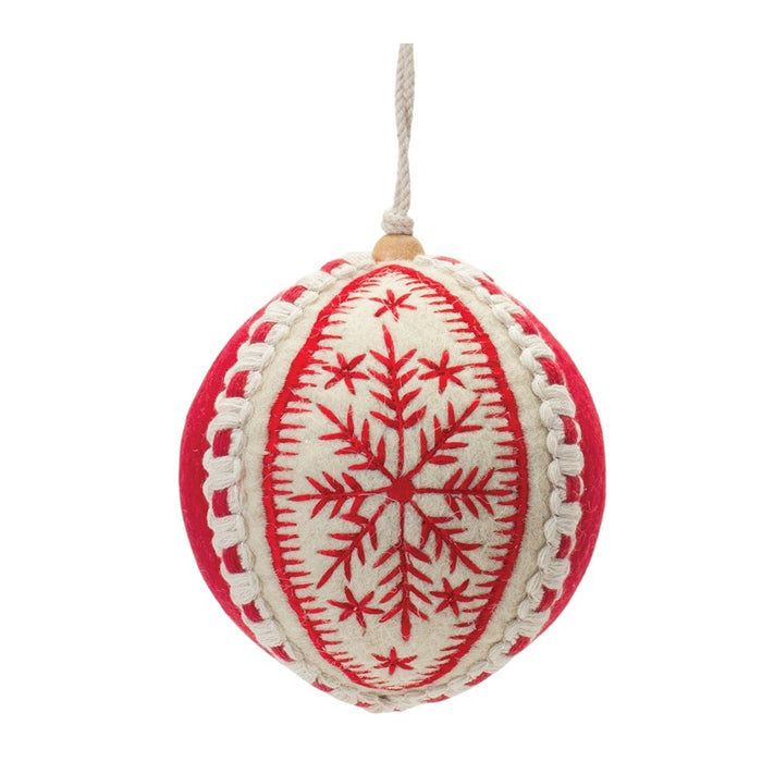 Melrose Embroidered Wool Ball Ornament, Set of 4, Red/White - 86523DS