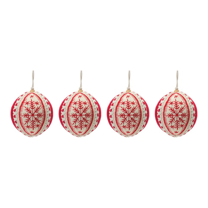 Melrose Embroidered Wool Ball Ornament, Set of 4, Red/White