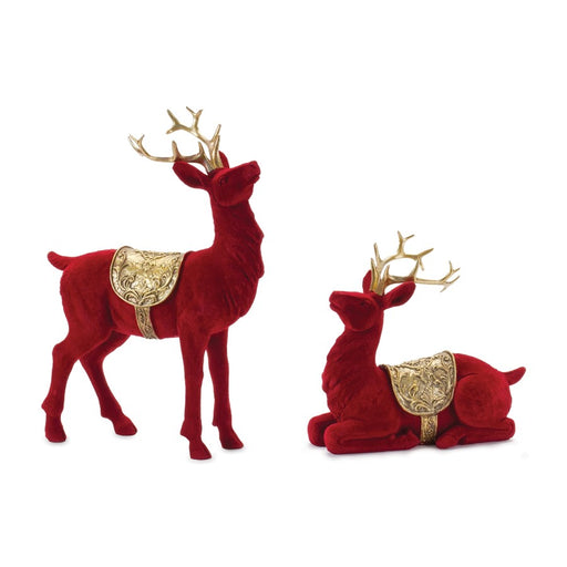 Melrose International Flocked Deer Figurines, Set of 2, Red - 86542DS