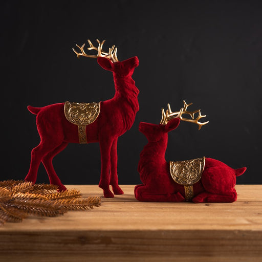 Melrose International Flocked Deer Figurines, Set of 2, Red