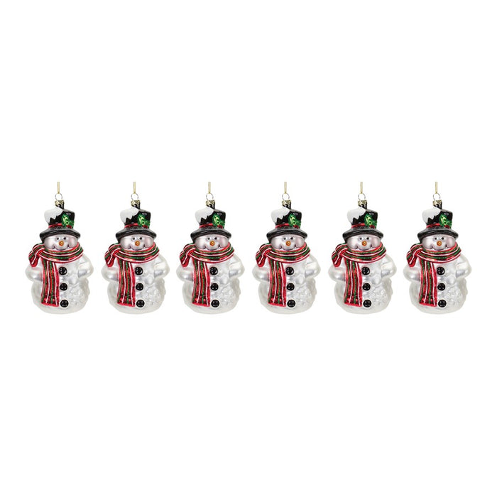 Melrose Glittered Glass Snowman Ornament, Set of 6, Red/White/Black