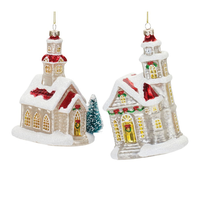 Melrose Glittered Glass Church Ornament, Set of 6, Tan/Red - 86564DS