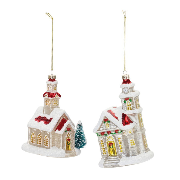 Melrose Glittered Glass Church Ornament, Set of 6, Tan/Red