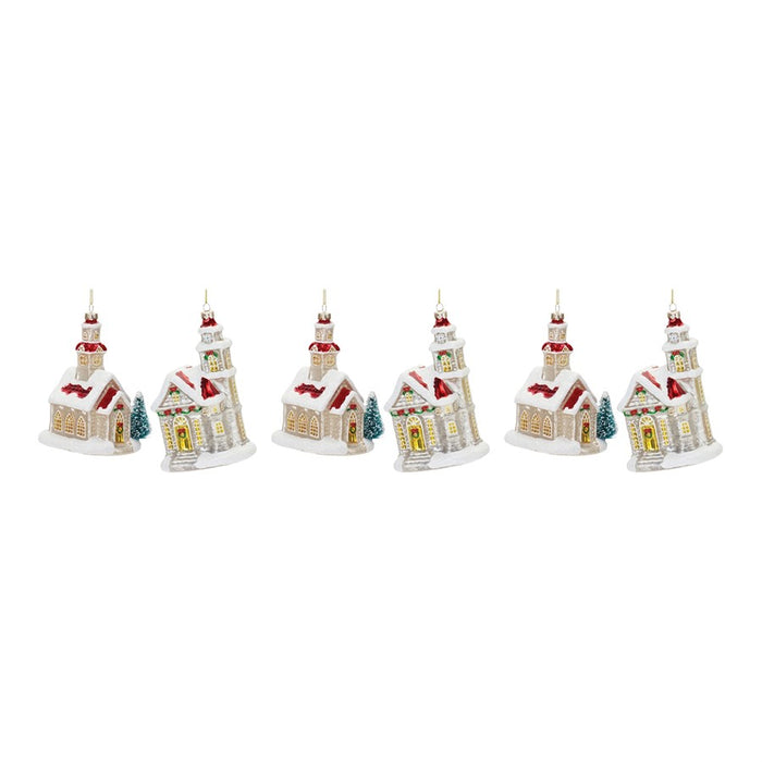 Melrose Glittered Glass Church Ornament, Set of 6, Tan/Red