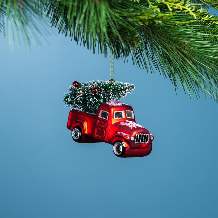Melrose Glittered Glass Pickup Truck Ornament, Set of 6, Red/Green