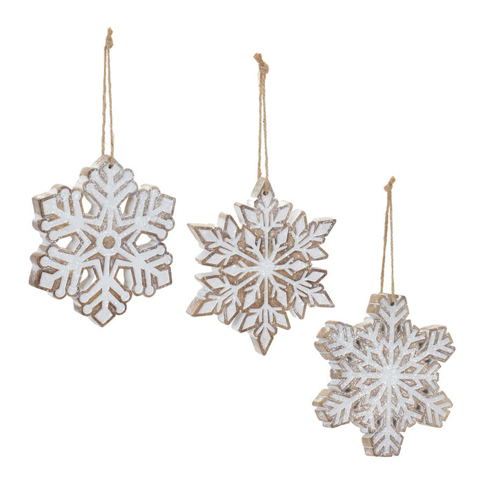 Melrose Glittered Snowflake Ornament, Set of 3, Brown/White