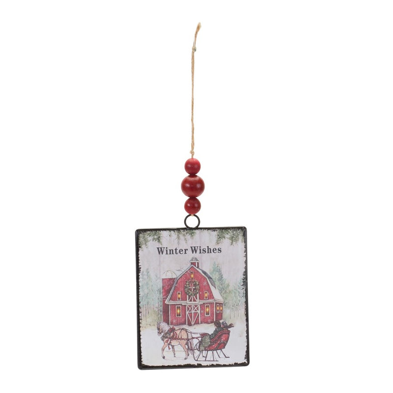 Melrose Glass Winter Wishes Barn Ornament, Set of 12, White/Red/Green