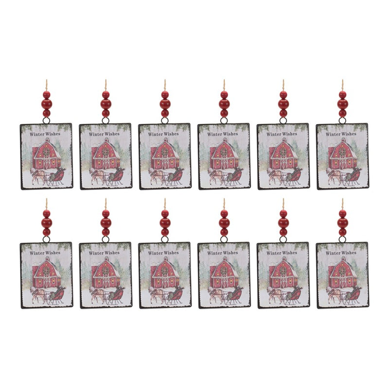 Melrose Glass Winter Wishes Barn Ornament, Set of 12, White/Red/Green