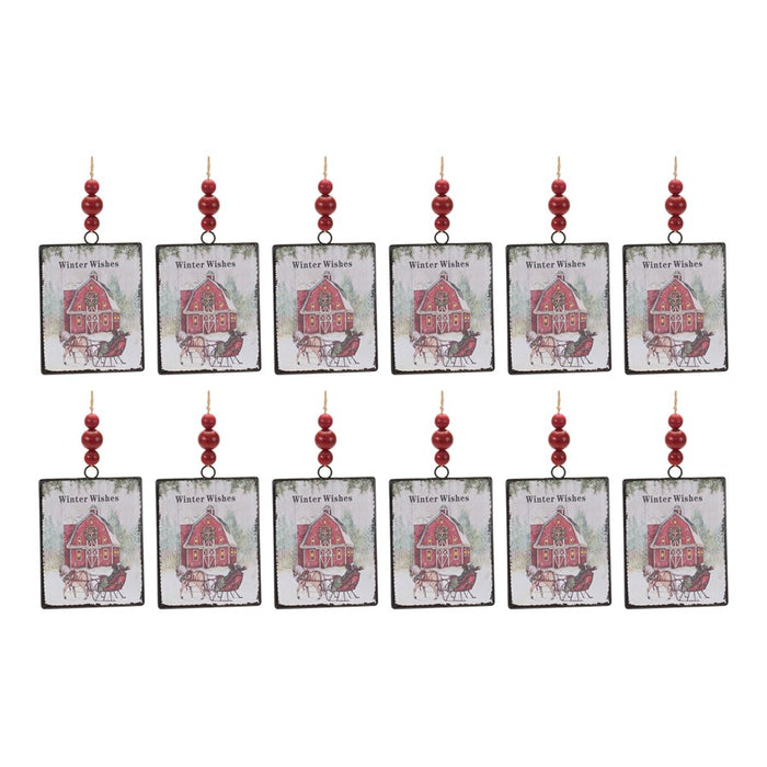 Melrose Glass Winter Wishes Barn Ornament, Set of 12, White/Red/Green