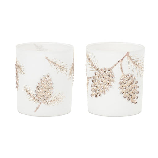 Melrose Glittered Pine Cone Candle Holder, Set of 6, White/Gold - 86593DS