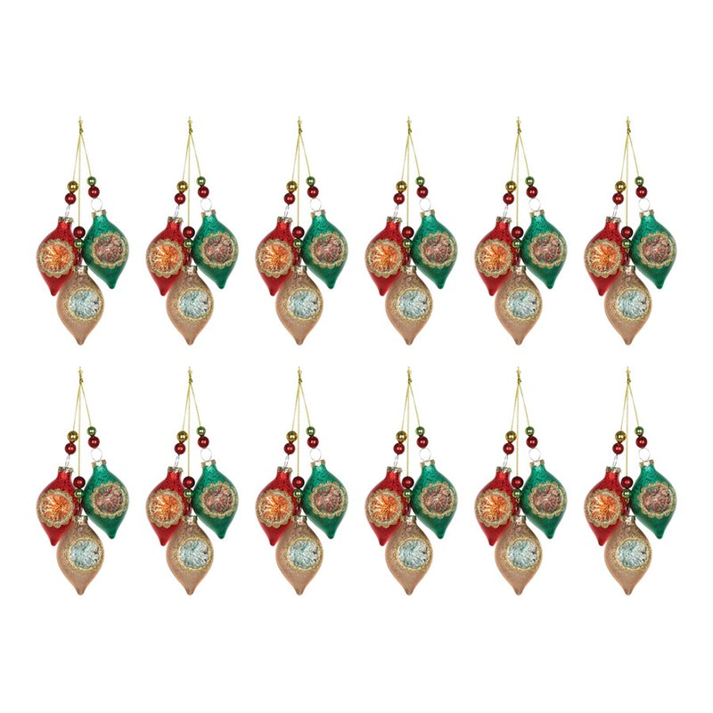 Melrose Glass Reflector Ornament Drop, Set of 12, Red/Gold/Green