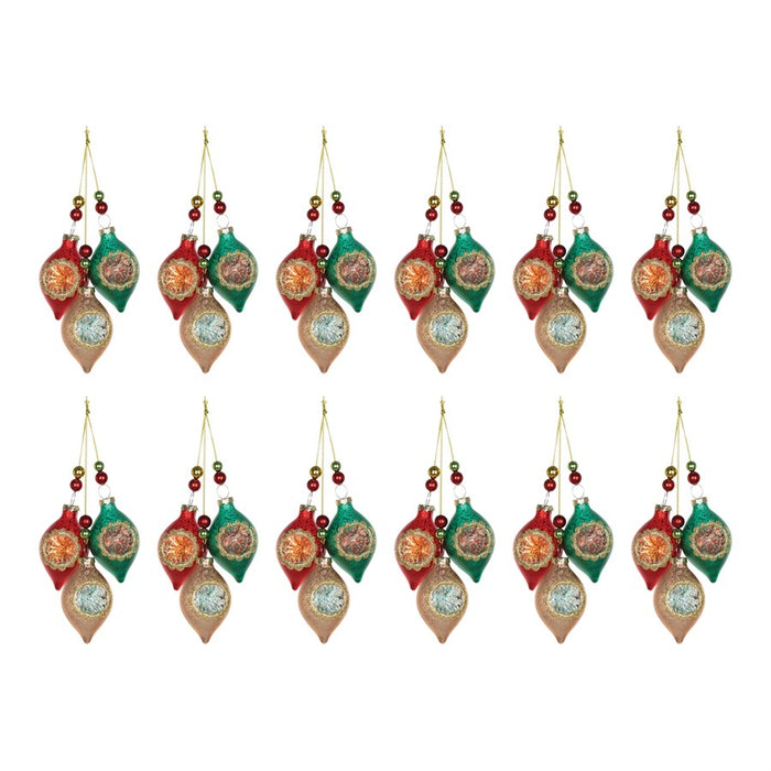 Melrose Glass Reflector Ornament Drop, Set of 12, Red/Gold/Green