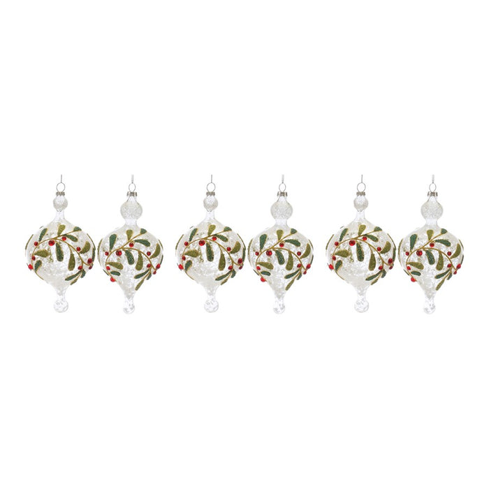 Melrose Beaded Glass Mistletoe Ornament, Set of 6, White/Red/Green