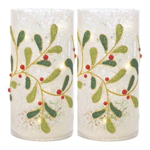 Melrose Beaded Glass Mistletoe Candle Holder, Set of 2, White/Gree/Red