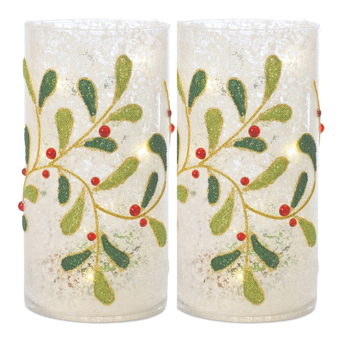 Melrose Beaded Glass Mistletoe Candle Holder, Set of 2, White/Gree/Red