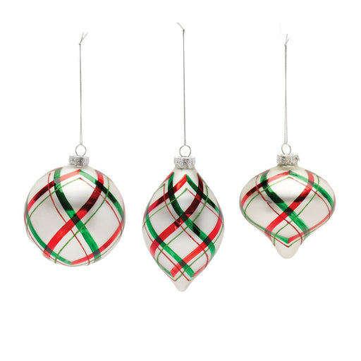 Melrose Plaid Glittered Glass Ornament, Set of 6, Red/White/Green