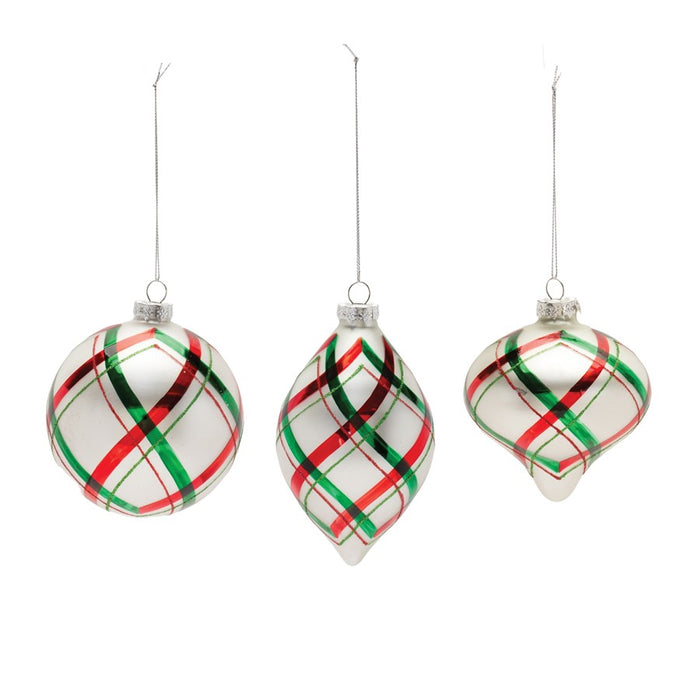 Melrose Plaid Glittered Glass Ornament, Set of 6, Red/White/Green