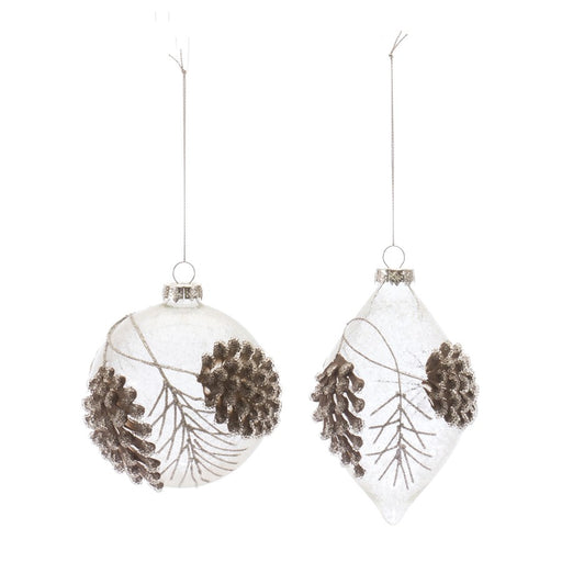 Melrose Beaded Glass Pinecone Ornament, Set of 6, White/Silver