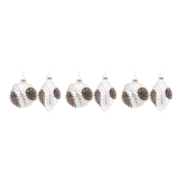 Melrose Beaded Glass Pinecone Ornament, Set of 6, White/Silver