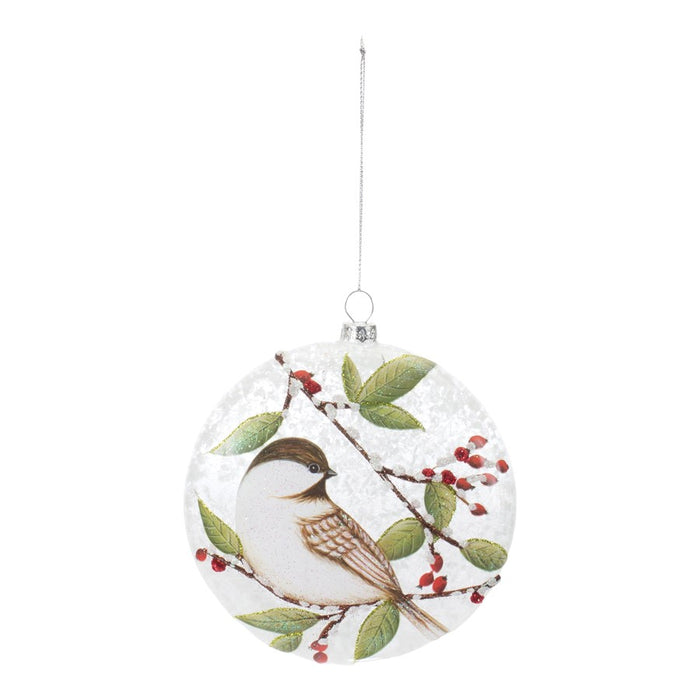 Melrose Glass Chickadee Bird Ball Ornament, Set of 6, White/Green/Red