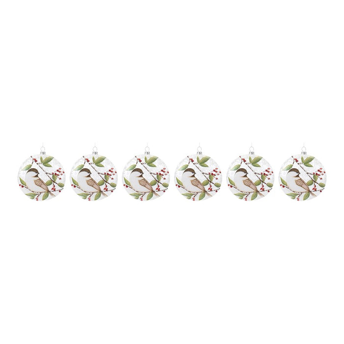 Melrose Glass Chickadee Bird Ball Ornament, Set of 6, White/Green/Red