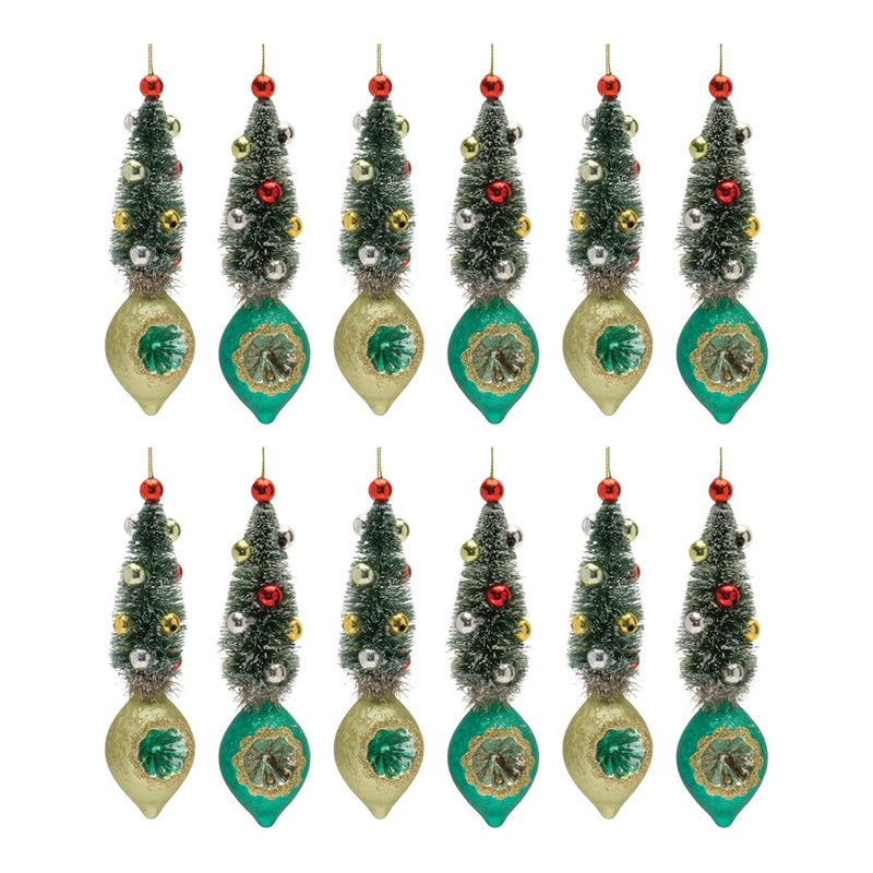 Melrose Pine Tree Reflector Drop Ornament, Set of 12, Green/Gold/Red