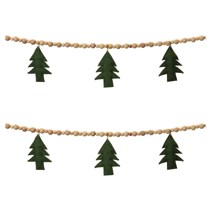 Melrose Wood Beaded Wool Tree Garland, Set of 2, Green/Brown