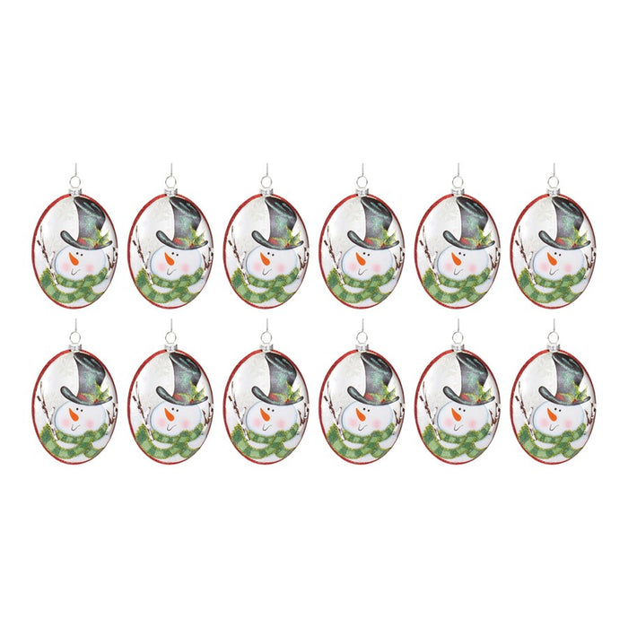 Melrose Glass Snowman Disc Ornament, Set of 12, Red/White/Green