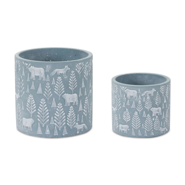 Melrose Woodland Winter Stone Planter, Set of 2, Blue/White - 86626DS