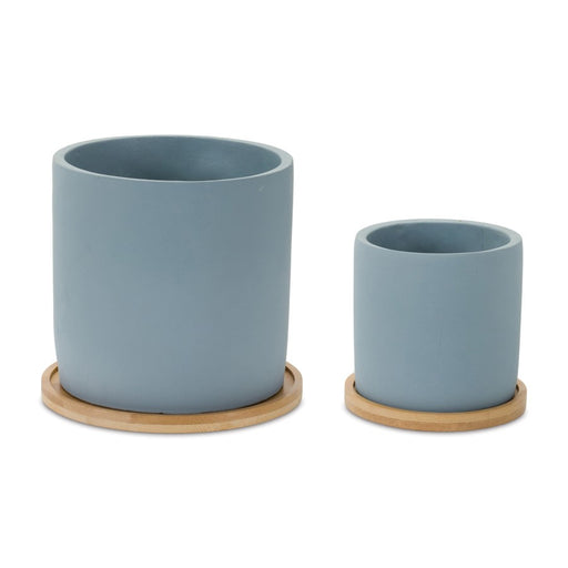 Melrose International Stone Planter/Wood Plate, Set of 2, Blue/Brown - 86628DS