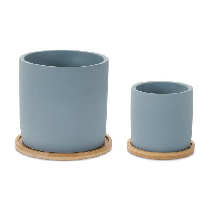 Melrose International Stone Planter/Wood Plate, Set of 2, Blue/Brown - 86628DS
