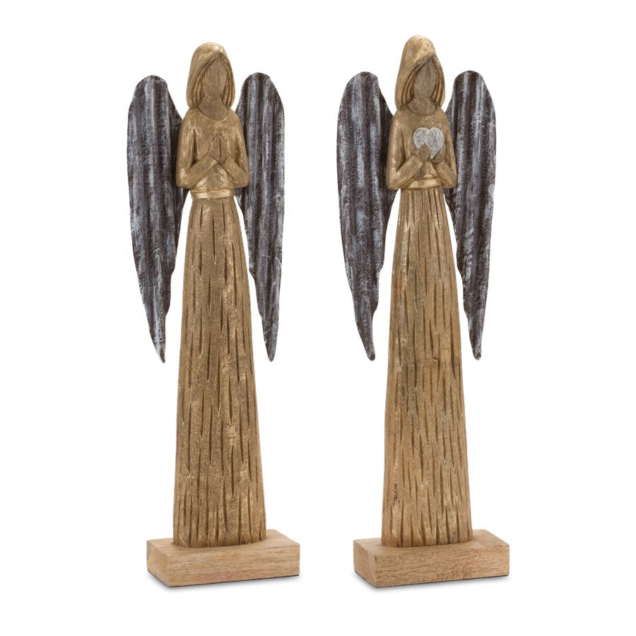 Melrose International Carved Wood Angel Statue, Set of 2, Brown/Metal - 86646DS