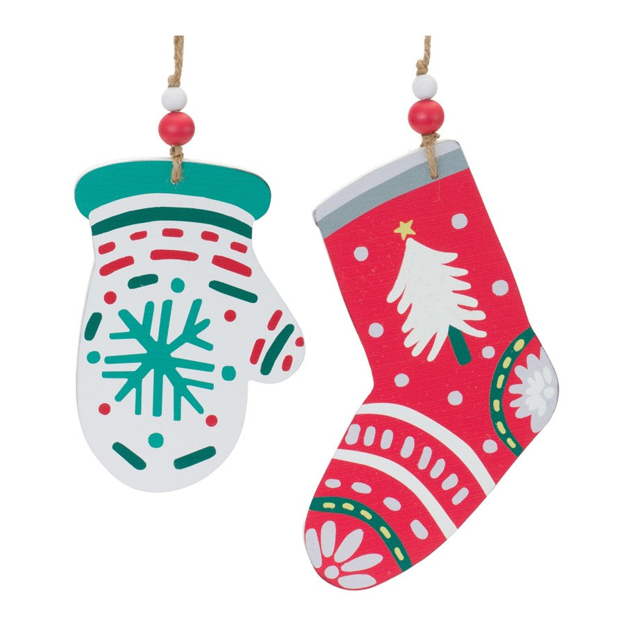 Melrose Wood Mitten/Stocking Ornaments, Set of 12, Green/Red/White - 86660DS