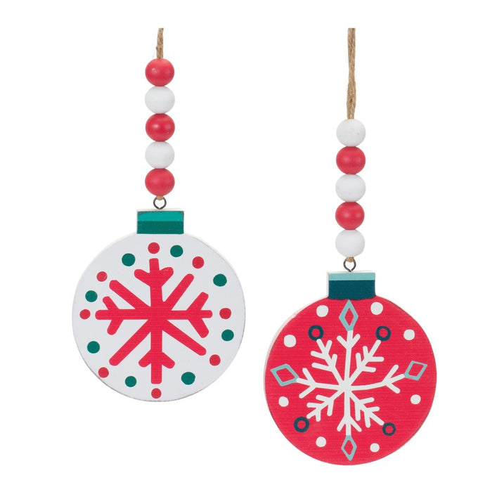 Melrose Wood Beaded Snowflake Ornament, Set of 12, Red/White/Green - 86667DS