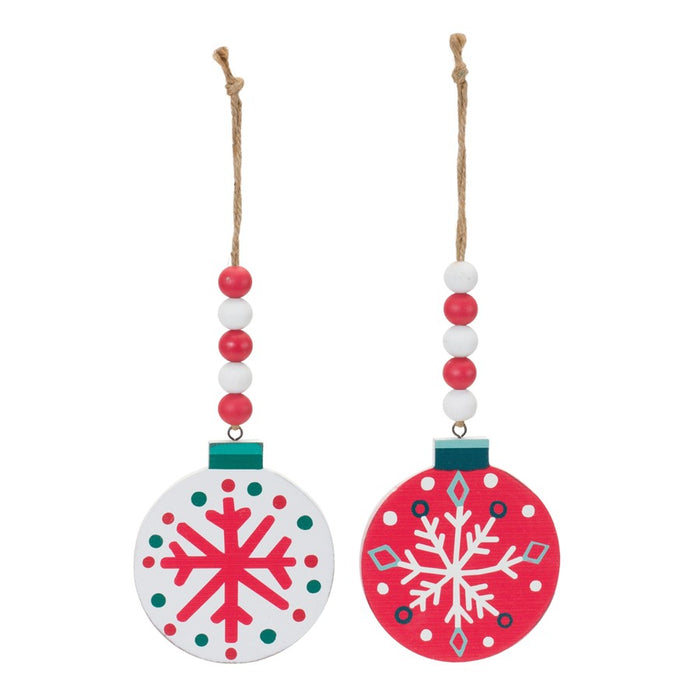 Melrose Wood Beaded Snowflake Ornament, Set of 12, Red/White/Green