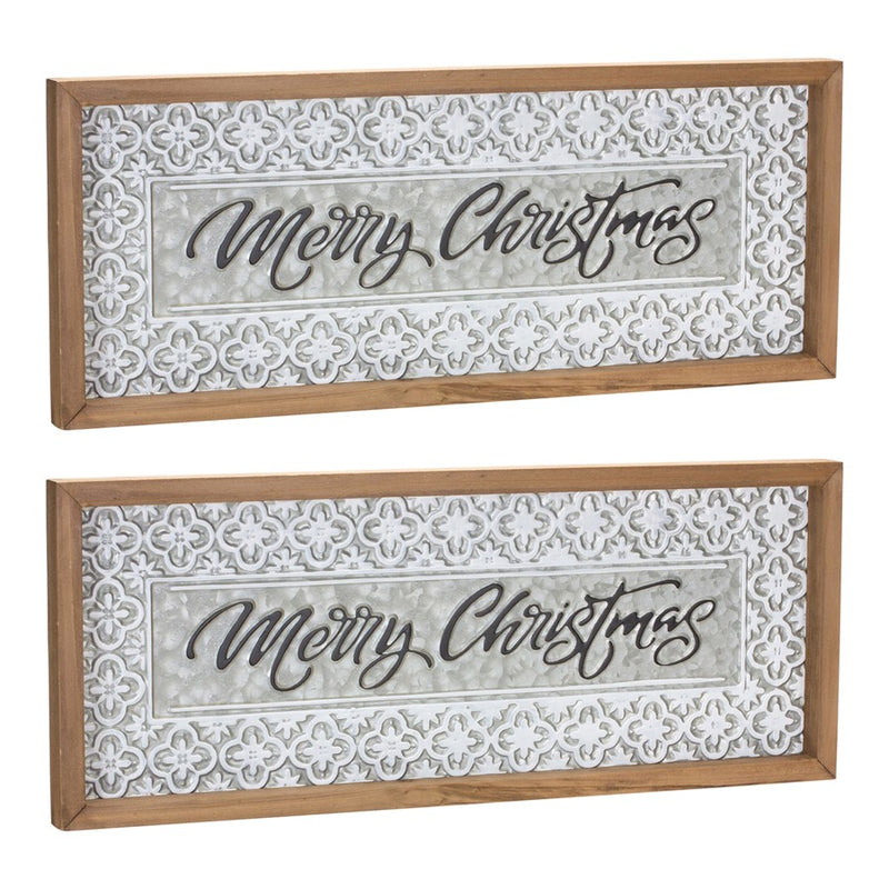 Melrose Ornate Metal Merry Christmas Sign 19.75"L, White/Silver