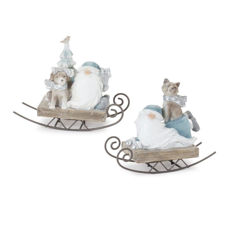 Melrose International Gnome on Sled Figurine, Set of 2, Blue/Brown - 86699DS