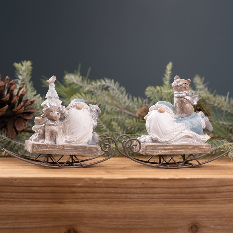 Melrose International Gnome on Sled Figurine, Set of 2, Blue/Brown