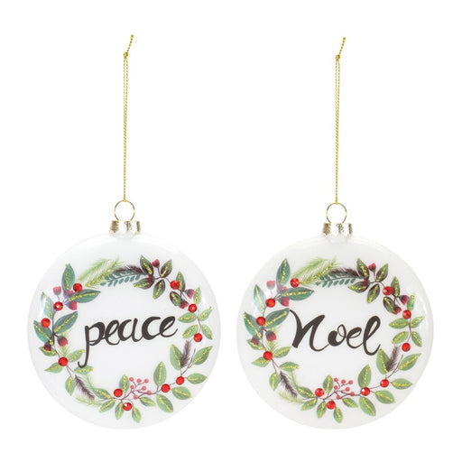 Melrose Peace/Noel Wreath Disc Ornament, Set of 12, Red/Green - 86725DS