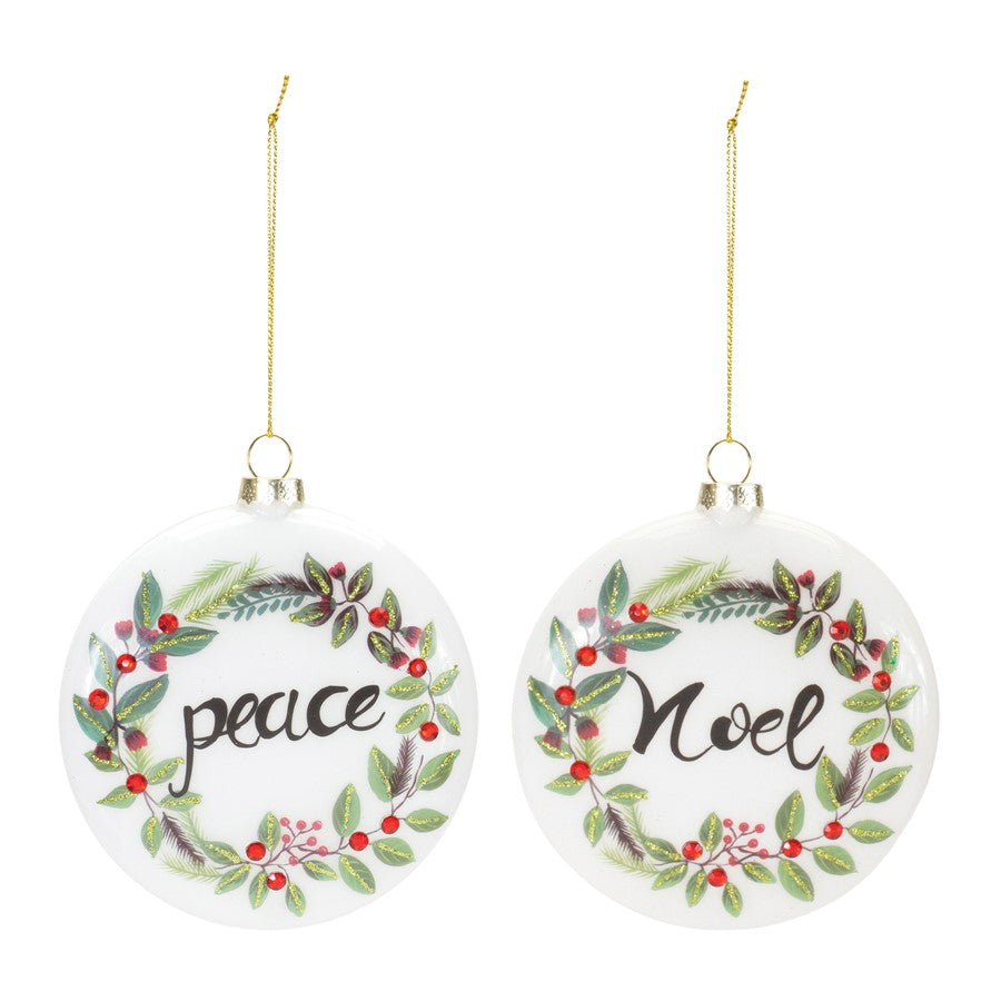 Melrose Peace/Noel Wreath Disc Ornament, Set of 12, Red/Green - 86725DS