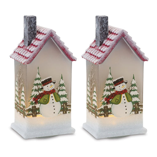 Melrose International LED Lighted House/Snowman, Set of 2, Red/White