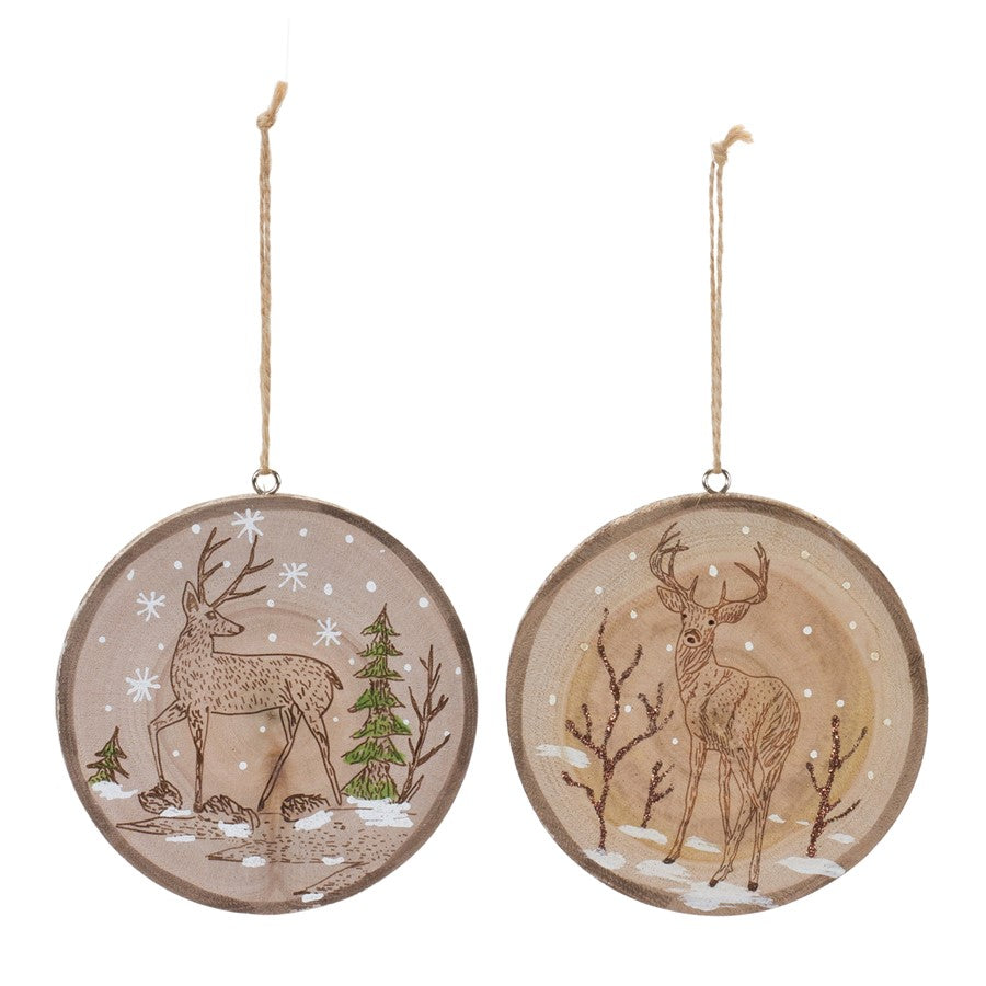Melrose Wood Deer Tree Disc Ornament, Set of 12, Green/Brown - 86744DS