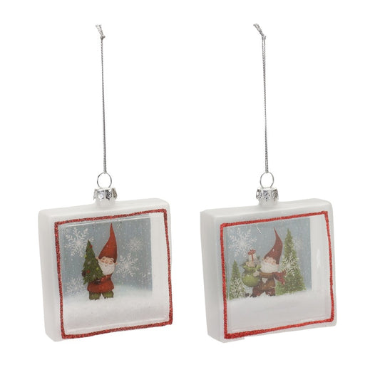 Melrose Glass Gnome Shadow Box Ornament, Set of 6, White/Red/Green