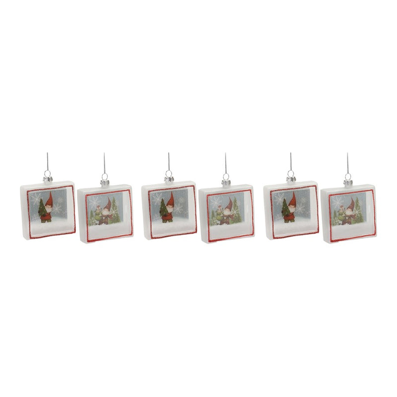 Melrose Glass Gnome Shadow Box Ornament, Set of 6, White/Red/Green