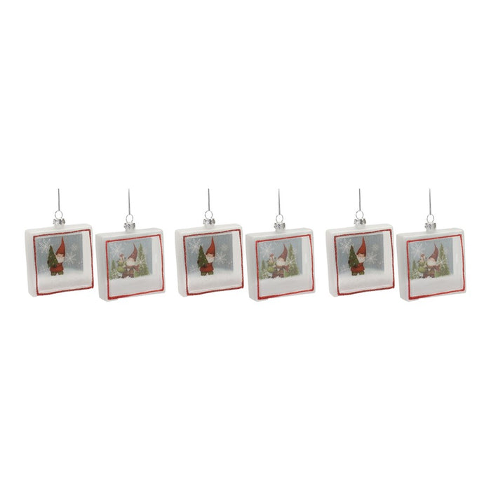 Melrose Glass Gnome Shadow Box Ornament, Set of 6, White/Red/Green