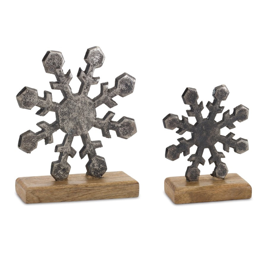 Melrose Metal Snowflake on Wood Base, Set of 6, Silver/Brown - 86777DS