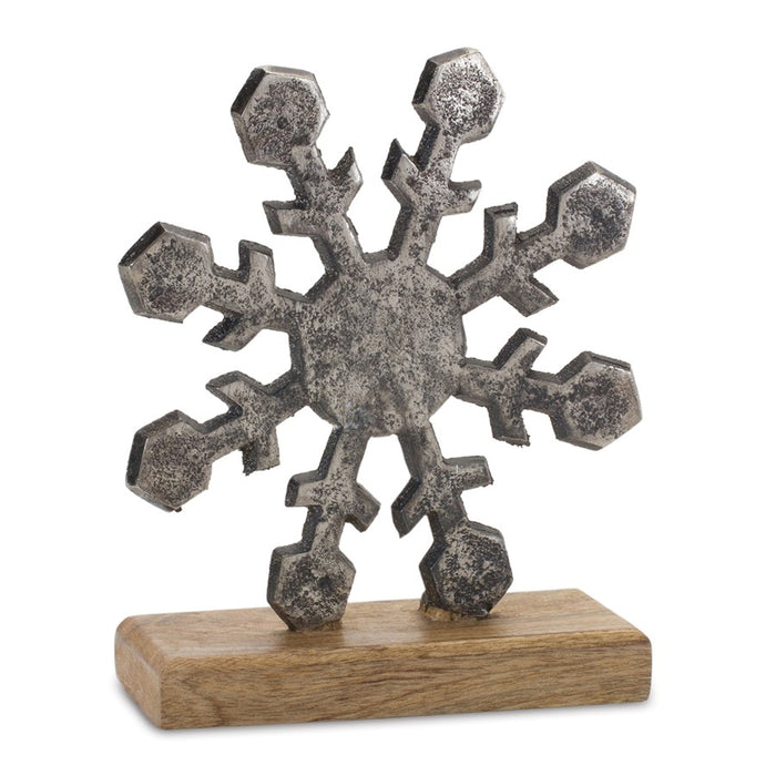 Melrose Metal Snowflake on Wood Base, Set of 6, Silver/Brown